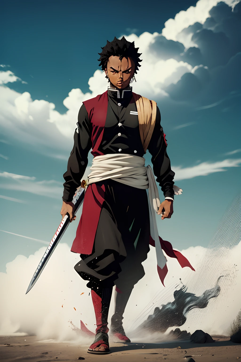 black young man, , black hair, zoro hairstyle, red sword, wind, wind breath, demon slayer uniform, bleach pose