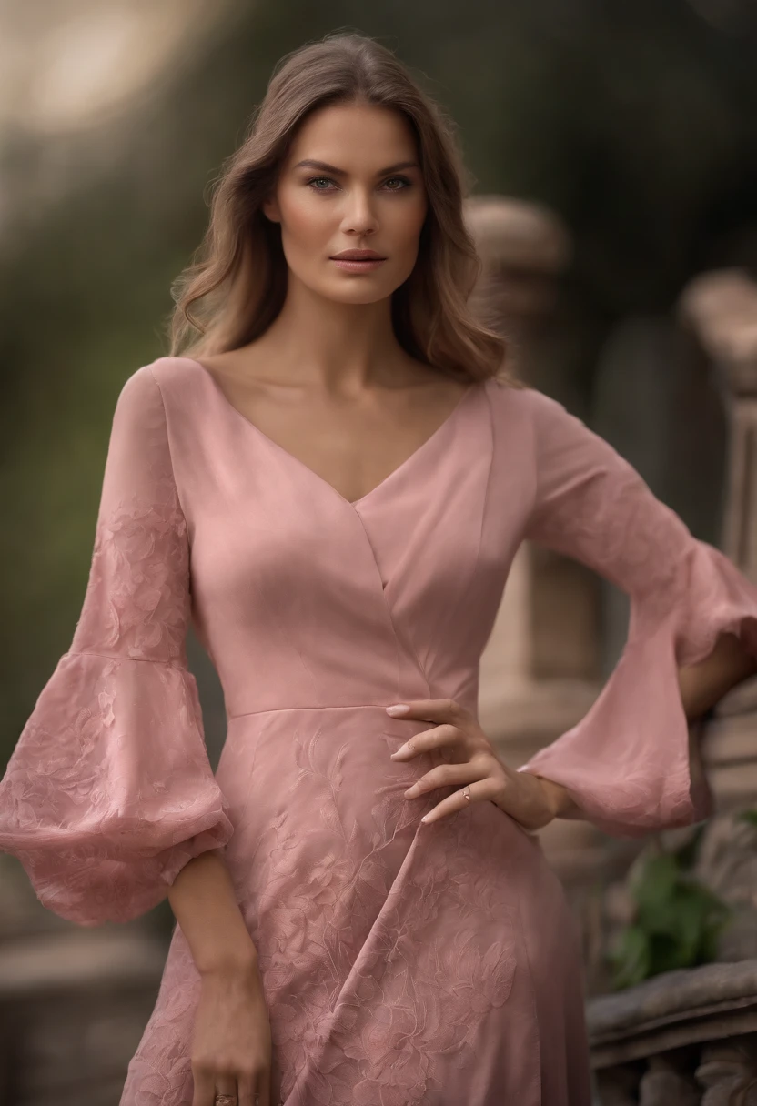 Generate a hyper-detailed 4K image showcasing the beauty of a woman in a pink midi dress. Ensure the photorealistic rendering captures the intricate folds of the fabric and her elegance with precision, natural lighting