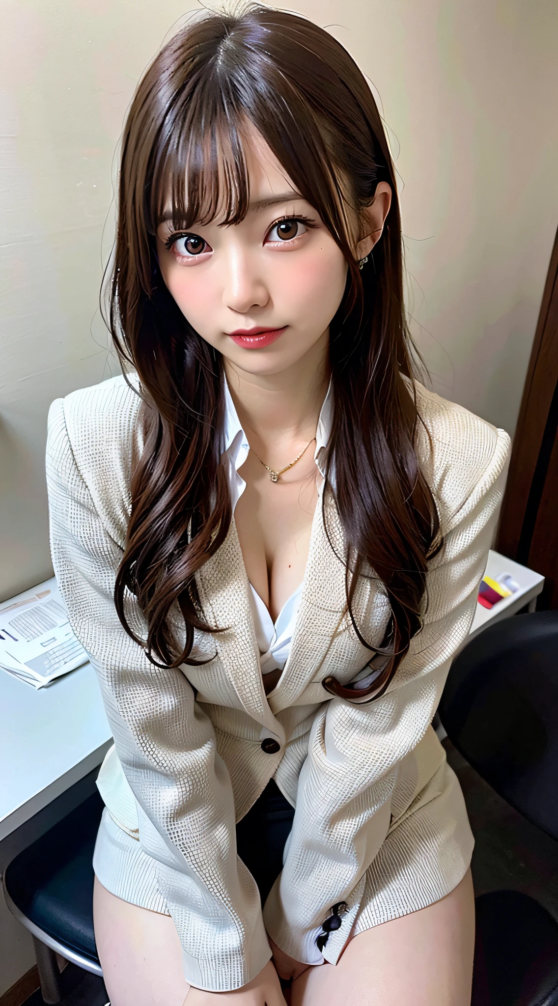 Suits, s Office,(8K, Raw photo:1.2)Detailed face and eyes,Best Quality, 超A high resolution, Highly detailed ,intricate detailes ,masutepiece ,Cute Girl , Soft cinematic light, Hyper-detailing,Sharp Focus, High quality, (Panties:1.1),sit a chair, Spread legs