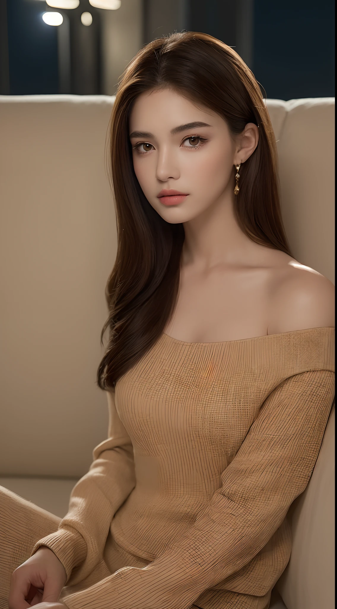 ((Night view, realistic light, best quality, 8k, masterpiece: 1.3)), 1girl, pretty woman with slim figure: 1.4, (brown hair, medium breasts: 1.3), off-the-shoulder cut top: 1.3, sofa, super detailed face, detailed eyes, double eyelids