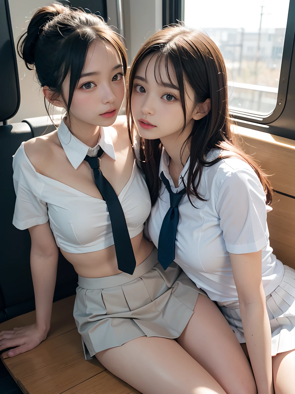 (2ung girls), beautiful girl with beautiful details, Raw photo, (Best Quality:1.2), 8K, high details, hight resolution, With the highest quality, High-definition raw color photos, professional photograpy, (Fine face:1.2), (hi-school uniform with open chest:1.3), pleated skirt, Inside the train, (sleeping leaning on a train bench), (close your eyes:1.3)), (Open mouth), legs spread, ((panties)), (((Bokeh))), depth of fields,