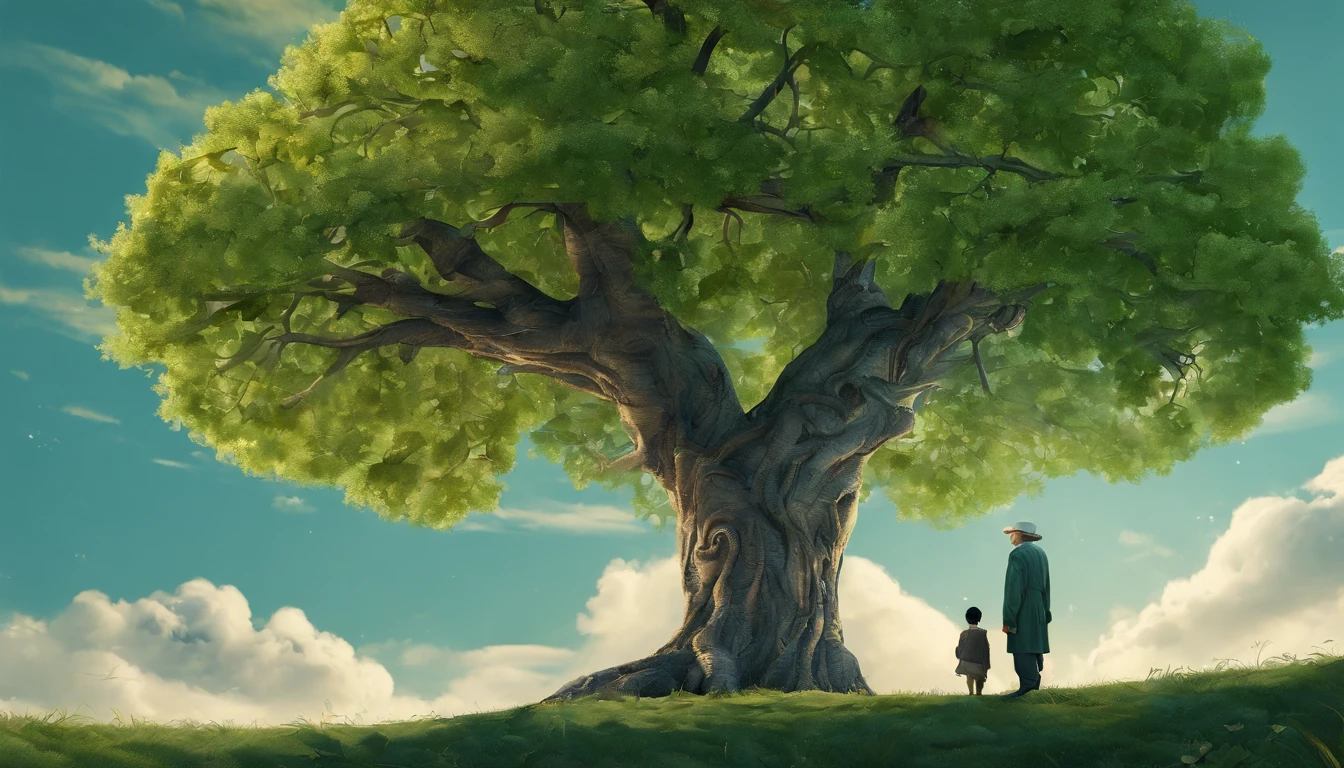 The sky is blue, Under a big green tree, an old man tells a story to a child