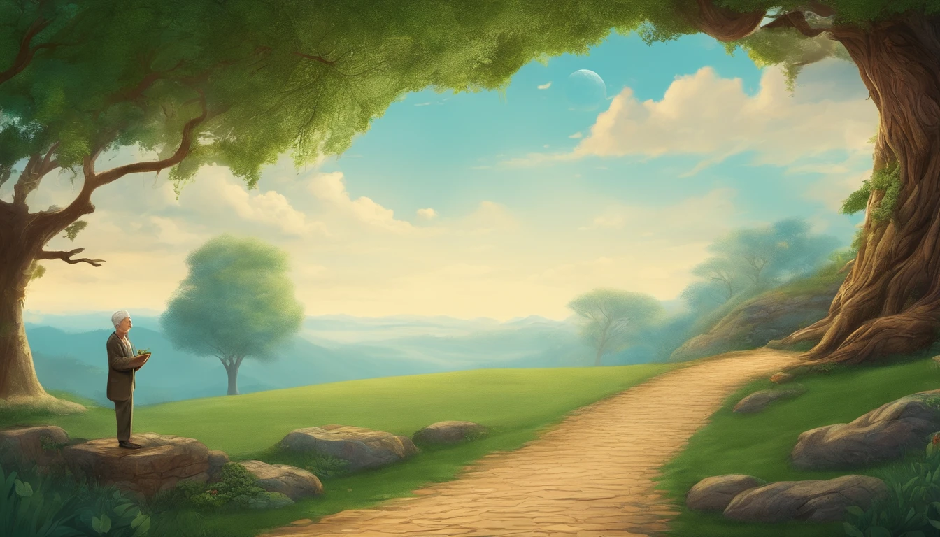 The sky is blue, Under a big green tree, an old man tells a story to a child