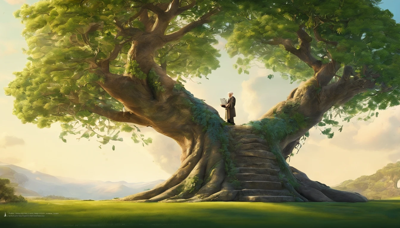 The sky is blue, Under a big green tree, an old man tells a story to a child