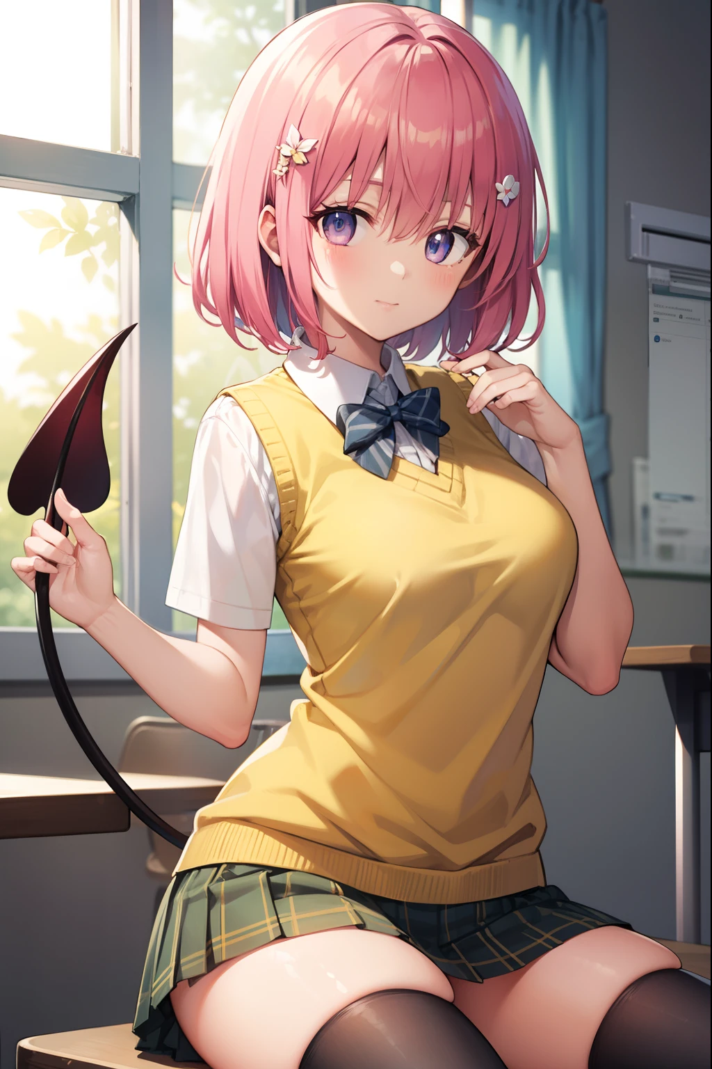 momodevilluke, momo deviluke, demon tail, hair flower, hair ornament, (purple eyes:1.1), pink hair, short hair, tail,
BREAK demon tail, green skirt, plaid, plaid skirt, sainan high school uniform, school uniform, skirt, sweater vest, thighhighs, (yellow sweater:1.5),
BREAK looking at viewer,
BREAK indoors, classroom,
BREAK (masterpiece:1.2), best quality, high resolution, unity 8k wallpaper, (illustration:0.8), (beautiful detailed eyes:1.6), extremely detailed face, perfect lighting, extremely detailed CG, (perfect hands, perfect anatomy),