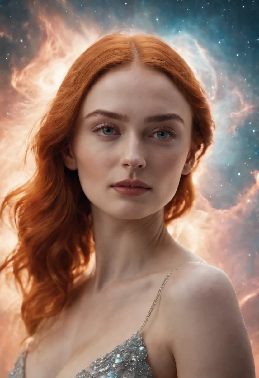 (Solo) Incredible and spectacular cloud figure Sophie Turner emergency scene in cosmic clouds, Chain of fractal nebulae, cosmic, Celestial, cosmic, A vibrant and vivid entity, whirly, Spinning, unreal, High contrast, Symbolism, magical, mistic, mistic, Hyper-realistic, Supersaturation, Colorful, 8K