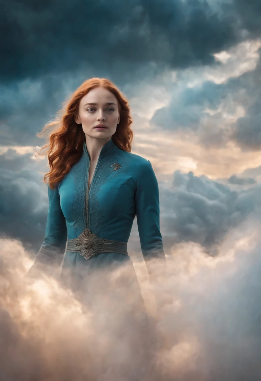 (Solo) Incredible and spectacular cloud figure Sophie Turner emergency scene in cosmic clouds, Chain of fractal nebulae, cosmic, Celestial, cosmic, A vibrant and vivid entity, whirly, Spinning, unreal, High contrast, Symbolism, magical, mistic, mistic, Hyper-realistic, Supersaturation, Colorful, 8K