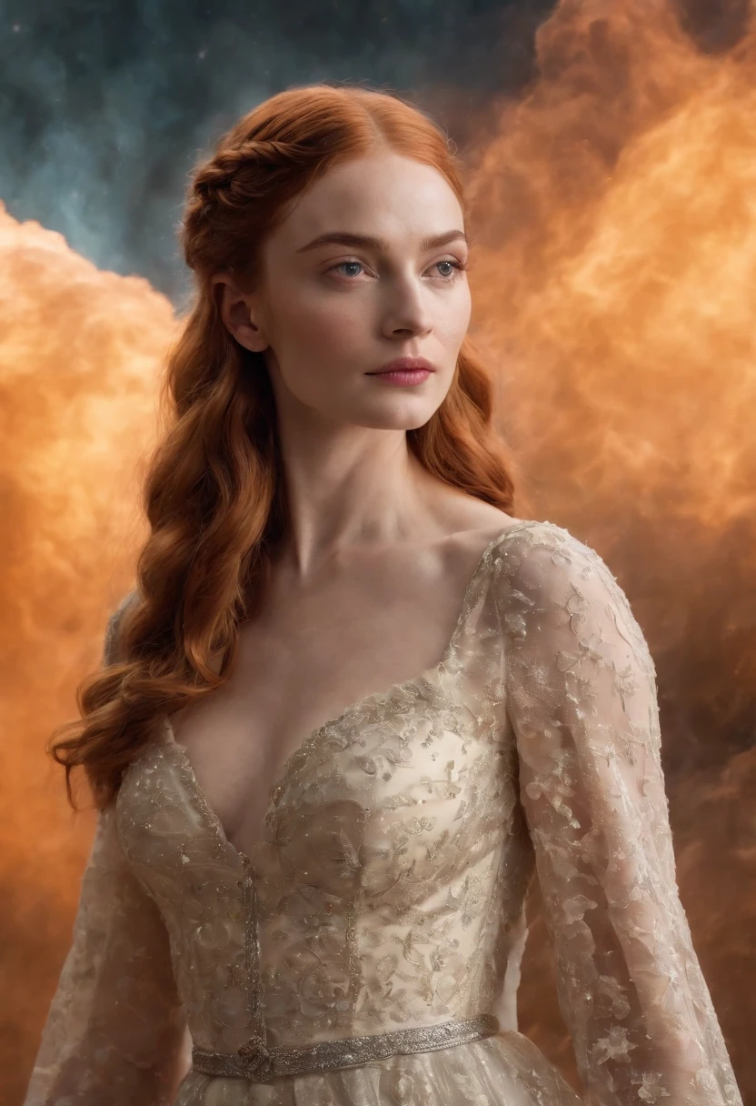 (Solo) Incredible and spectacular cloud figure Sophie Turner emergency scene in cosmic clouds, Chain of fractal nebulae, cosmic, Celestial, cosmic, A vibrant and vivid entity, whirly, Spinning, unreal, High contrast, Symbolism, magical, mistic, mistic, Hyper-realistic, Supersaturation, Colorful, 8K