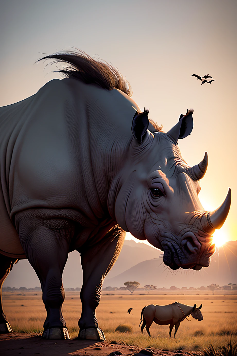 The art depicts a majestic and powerful rhinoceros in an African savannah setting at sunset. The rhinoceros is in the foreground, standing out against the orange horizon and the bluish-purple sky. He's in a position to profile, com seu chifre impressionante apontando para o alto, highlighting its grandeur.
The texture of the rhino's skin is detailed, com rugas e vincos realistas. A luz do sol banha o rinoceronte, creating soft shadows on his back and highlighting the details of his distinctive features.
Ao fundo, the savannah extends to the horizon, with acacias punctuating the landscape. A grama se move suavemente com a brisa da tarde, and some birds are about to land in one of the trees. The sky is full of warm colors and nuances, giving the scene a sense of calm and serenity.
The combination of strength and serenity of the rhinoceros, juntamente com a beleza da paisagem africana ao entardecer, creates a work of art that celebrates the majesty of nature and the importance of preserving these magnificent creatures.