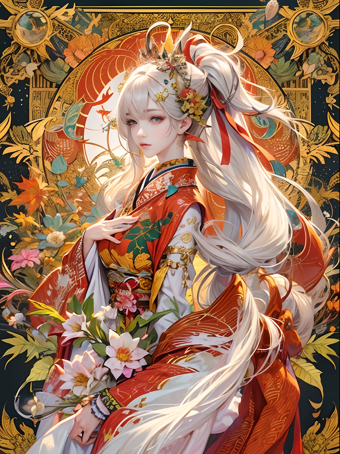 offcial art, Unity 8k壁纸, Ultra-detailed, Beautiful and aesthetically pleasing, tmasterpiece, best qualtiy, (Zentangle, datura, clew, meshing), (s fractal art: 1.3), Autumn foliage, Golden ears of rice,1 Moon Princess Serenity, (Hairstyle: 2 dango and 2 long ponytails)New Moon, Extremely detailed, Kimono,dynamic angle, Cowboy Shot, The most beautiful forms of chaos, Elegant, Fauvistdesign, Bright red color, romanticism lain,