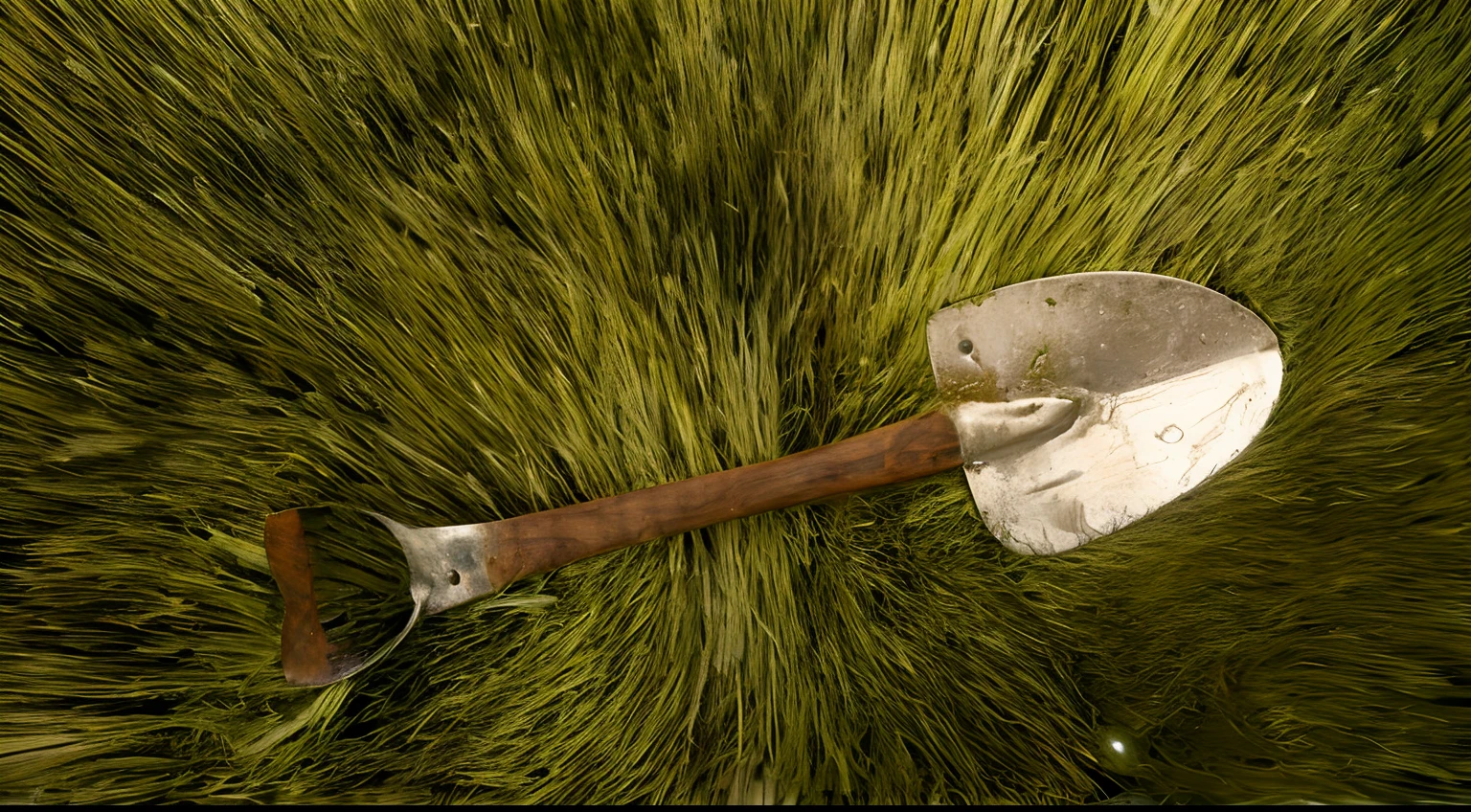 Masterpiece, hyper realistic, cinematic, shovel lying on grass, grass texture, blade handle wood texture, shovel metal texture with small water droplets