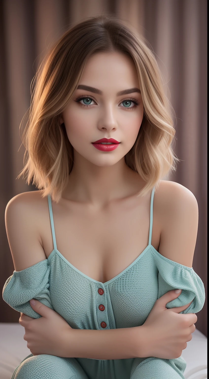 A young and beautiful woman, coiffed blonde hair,Gently falls to the shoulder in the form of a wave, Medium Tall, Big green eyes, with fair skin, She was in her pajamas, She lay on the bed, Do hair care before bedtime, The environment is illuminated by warm and pleasant lights,Make your hair sparkle, His face was naturally calm, Lips with red lipstick, 8K texture, highly detailed, realisticlying, Soft cinematic light, hdr, sharp fokus, tmasterpiece, Fotor is realistic, Award-winning photography, a Canon EOS R5, 35 mm