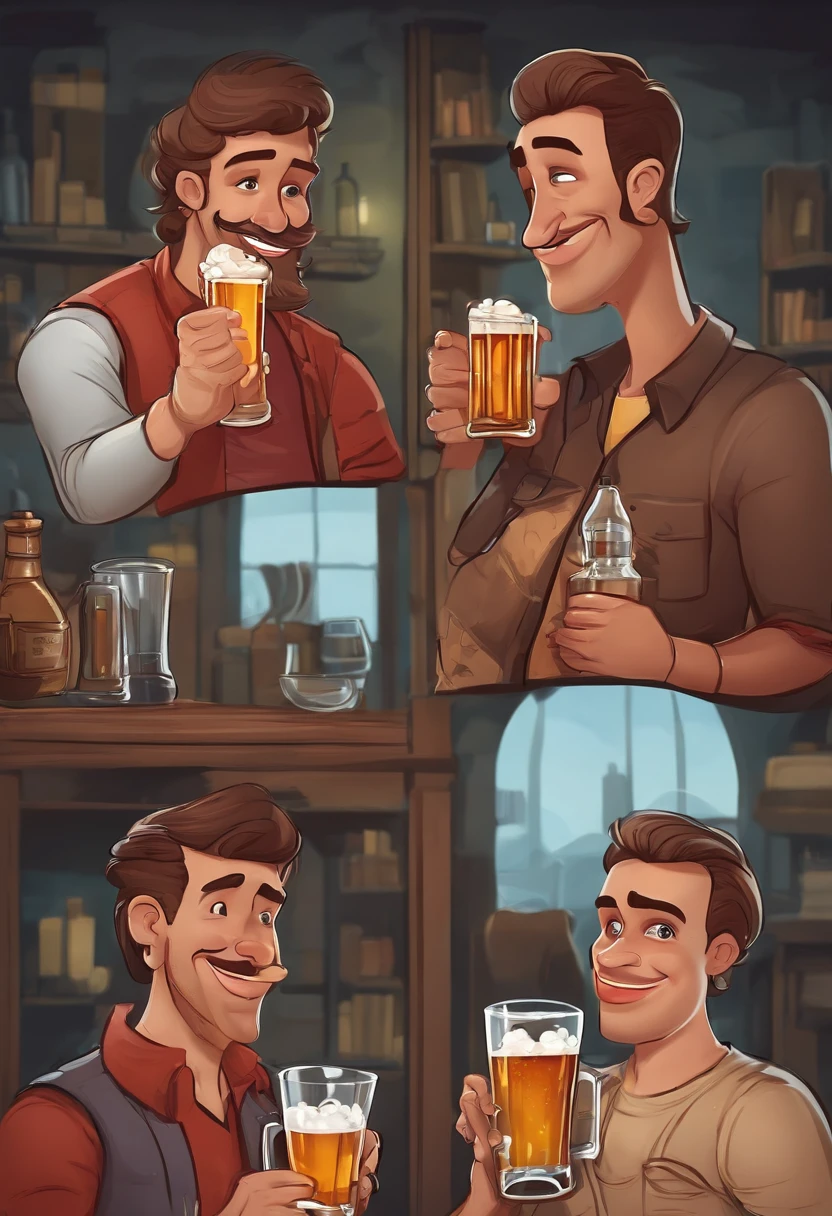 Dois amigos  jovens visivelmente embriagados com o corpo totalmente completo , They hold an entire bottle of whiskey and a glass of draft beer each. The faces are contorted into comical expressions, with bulging eyes and tongue sticking out,, estilo de desenho e com um toque caricatural, manga, cartoon, style, 8k