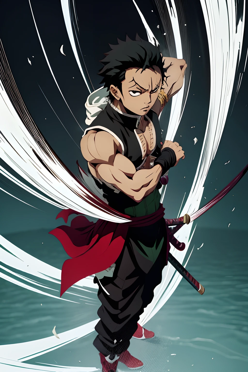 black young man, negro, black hair, zoro hairstyle, red sword, wind, wind breath, demon slayer uniform, bleach pose, lindo
