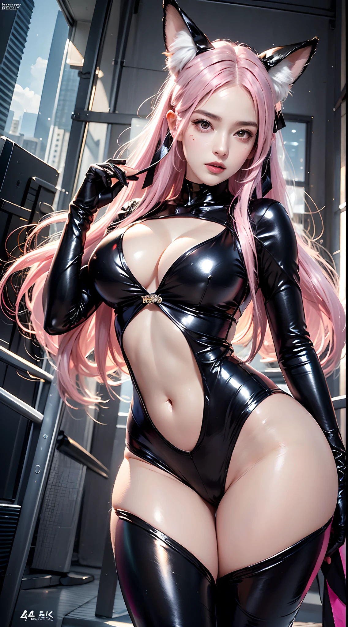 photorealistic, high resolution, soft light, 1women, solo, hips up, dynamic pose, shining skin, jewelry, tattoo, facial mark, fox ears, huge breasts, ah4, pink hair, hair ribbon, thick thighs, gantz black suit, thick suit, latex,