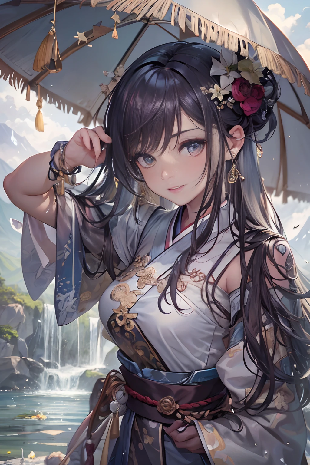 one-girl,cabelos preto e longos,little breast,(Antique Hanfu:1.5),(China-style:1.2),silver accessories,Shoulders exposed,standing on a hill,Sword in hand,knight-errant,Facing the mountains and flowing water、waterfallr,Rainy sky,(Wallpapers),tmasterpiece,Detailed characters,super detailing,art illustration,A high resolution,16:9 wide,