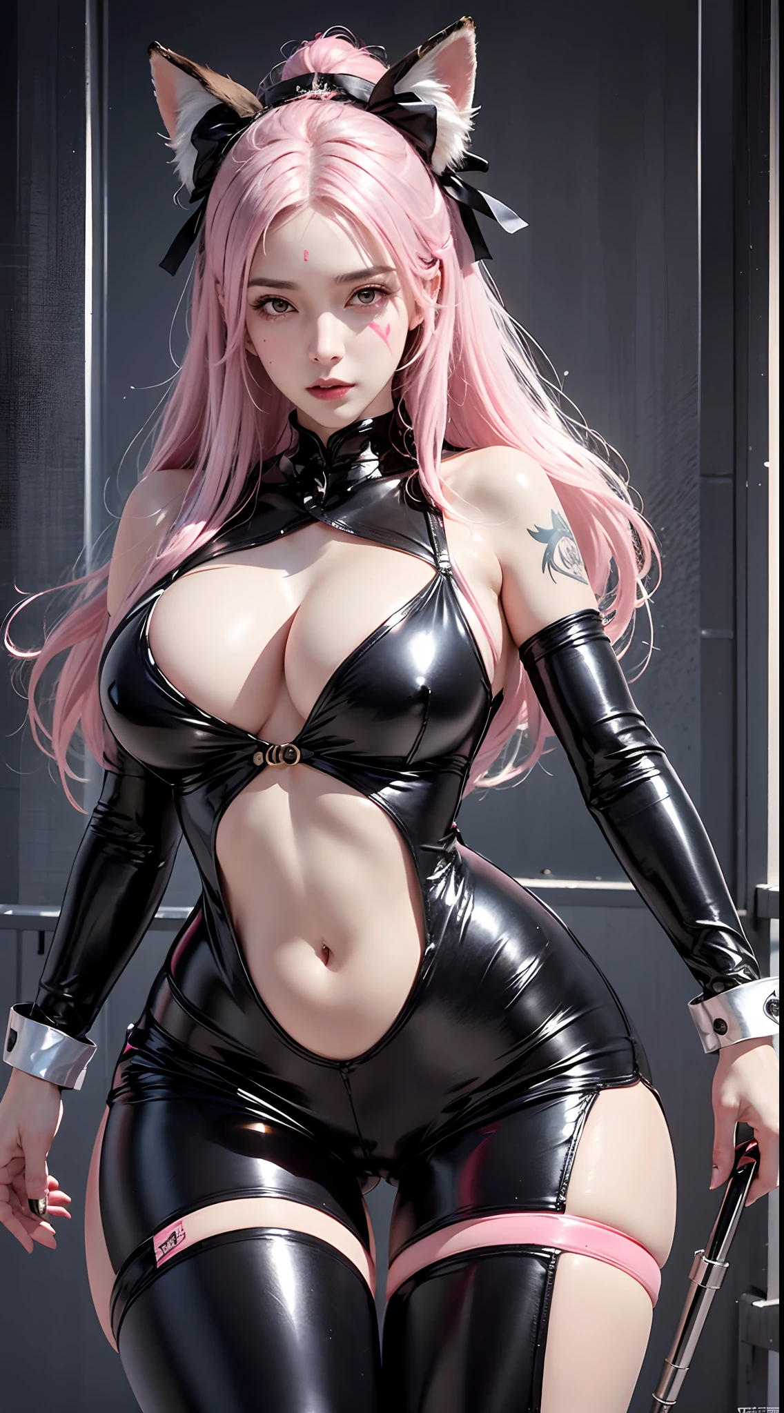 photorealistic, high resolution, soft light, 1women, solo, hips up, dynamic pose, shining skin, jewelry, tattoo, facial mark, fox ears, huge breasts, ah4, pink hair, hair ribbon, thick thighs, gantz black suit, thick suit, latex,
