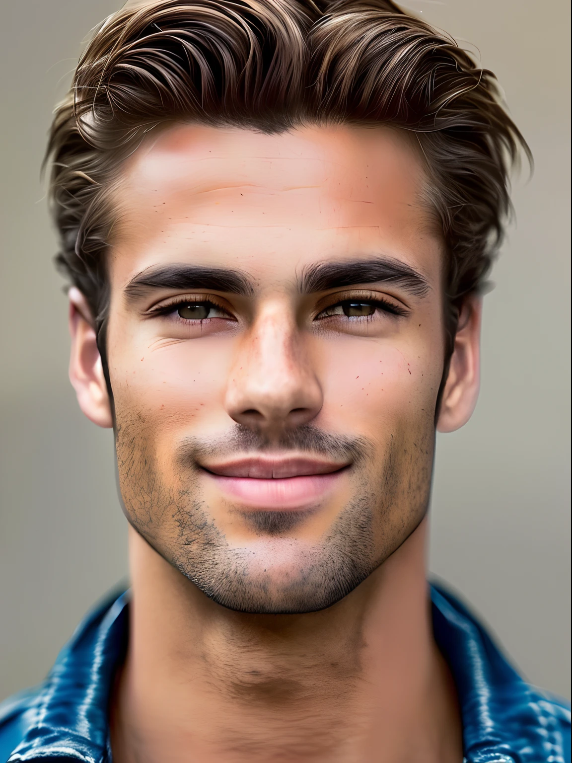 A photorealistic portrait of a stunningly handsome tanned Brazilian male supermodel with no make-up, photo for the cover of a magazine, extremely detailed light honey eyes, detailed symmetric realistic face, extremely detailed natural texture, peach fuzz, windy messy hair, sexy smile, masterpiece, absurdres, award winning photo by lee jeffries, nikon d850 film stock photograph, kodak portra 400 camera f1.6 lens, extremely detailed, amazing, fine detail, rich colors, hyper realistic lifelike texture, dramatic lighting, unrealengine, trending on artstation, cinestill 800 tungsten, looking at the viewer, photo realistic, RAW photo, TanvirTamim, high quality, highres, sharp focus, extremely detailed, cinematic lighting, 8k uhd,-imagine-