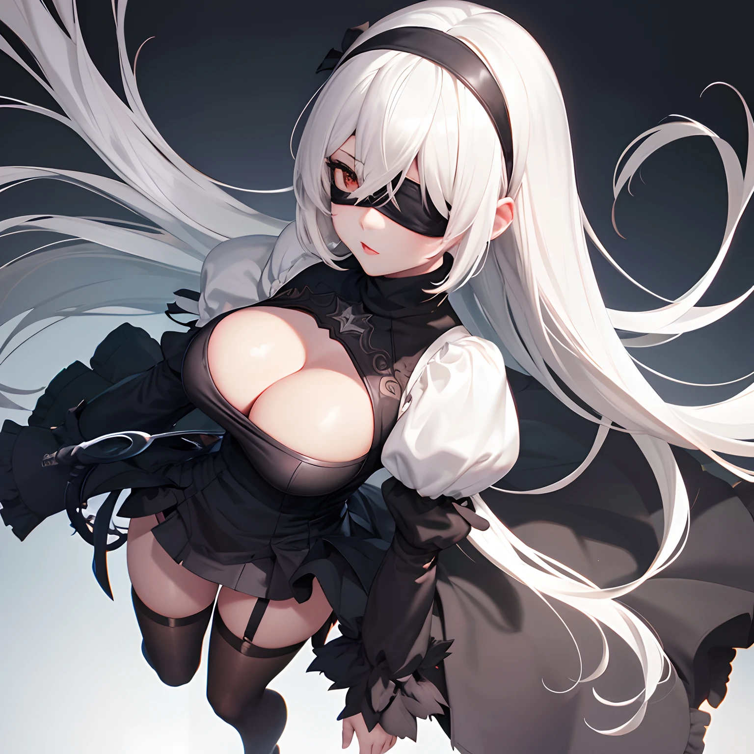 yorha no. 2 type b, 1girl, wlop, full body,(blindfold), breasts, cleavage, cleavage cutout, clothing cutout, green background, hair between eyes, hairband, highres, juliet sleeves, long sleeves, nier (series), nier automata,  puffy sleeves, red lips,red-dark dress shaded face, short hair, solo, turtleneck, white hair, sky