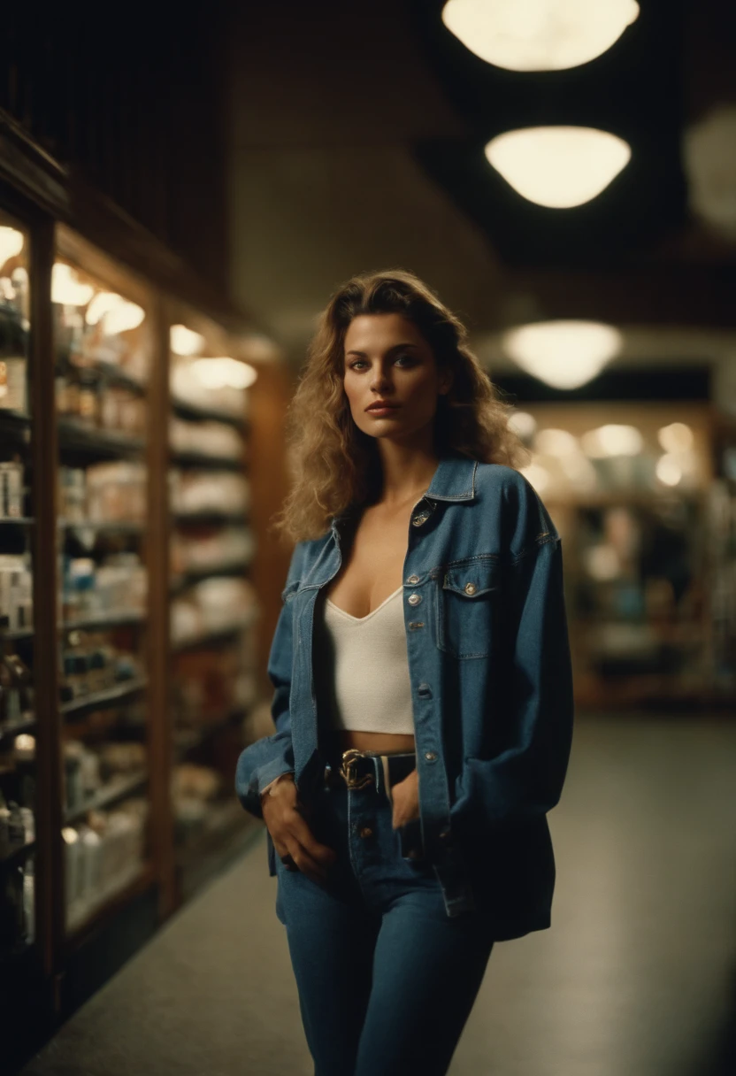 Drugstore, 1990s streetwear, gorgeous woman in the entrance, analog, Hasselblad