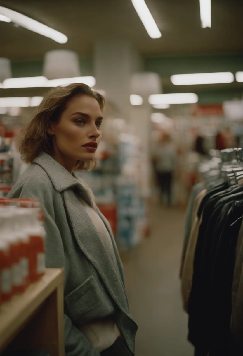 Drugstore, 1990s streetwear, gorgeous woman in the entrance, analog, Hasselblad