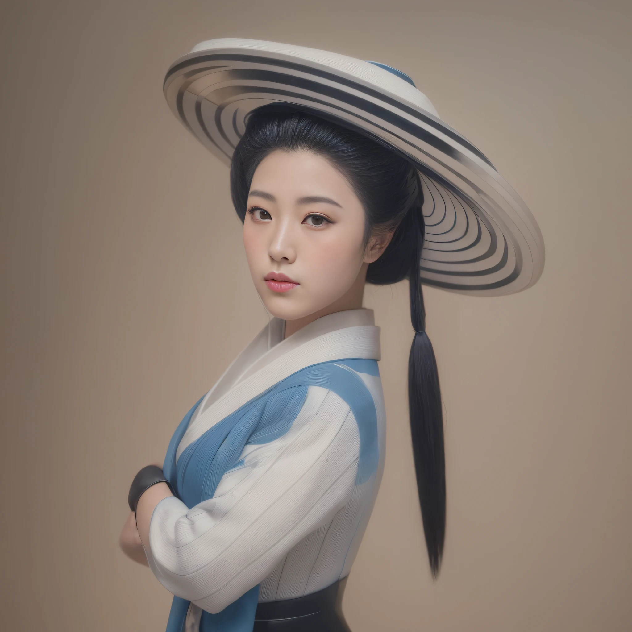 Image of a woman with a hat on her head, Retrato da gueixa, Retrato de Mulan, Jingna Zhang, Retrato de uma gueixa, mulher japonesa elegante, inspirado em Yun Du-seo, Retrato de uma gueixa bonita, geisha photo portrait, bela arte digital, Artista coreano, inspirado em Koson Ohara, pintura de personagem bonita.