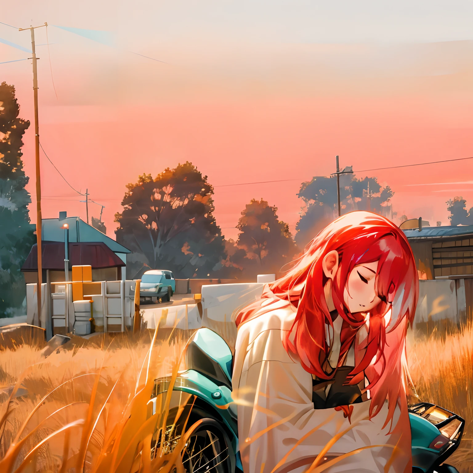 Next to the motorcycle is a woman with red hair, closed eyes, hair hanging neatly in front of the face; , at sunset, with sunset, at sunset, very accurate photo, with a sunset, During sunset, at dusk at golden hour, During sunset, In the Golden Hour, A shot from afar, In the cyberpunk countryside, with pink hair, Late evening, shot at golden hour, taken at golden hour