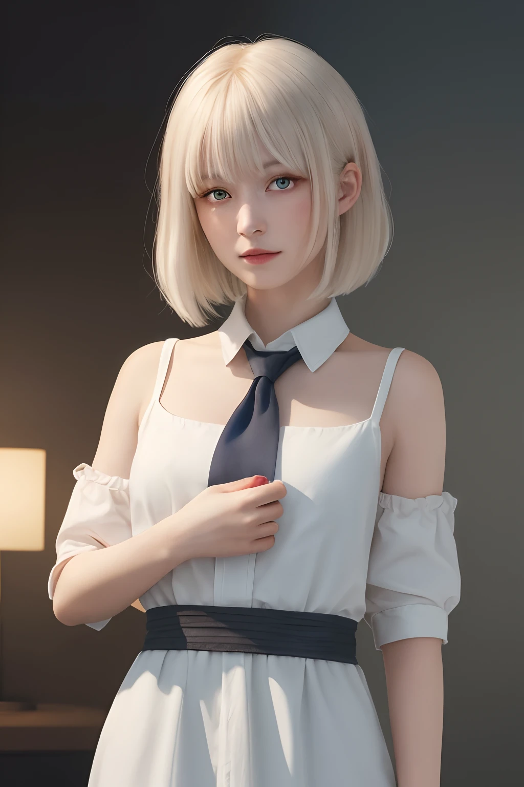 (best quality, 8k, RAW photo, ultra-high resolution, masterpiece:1.2), (realistic illustration), (extremely detailed CG Unity 8k wallpaper), surreal,
1 girl, 21 yo, white colored hair, long straight hairstyle, cross over bangs, yellow colored eyes,1828.8 mm, japanese, wearing drop black shoulder ruched shirt dress with necktie,