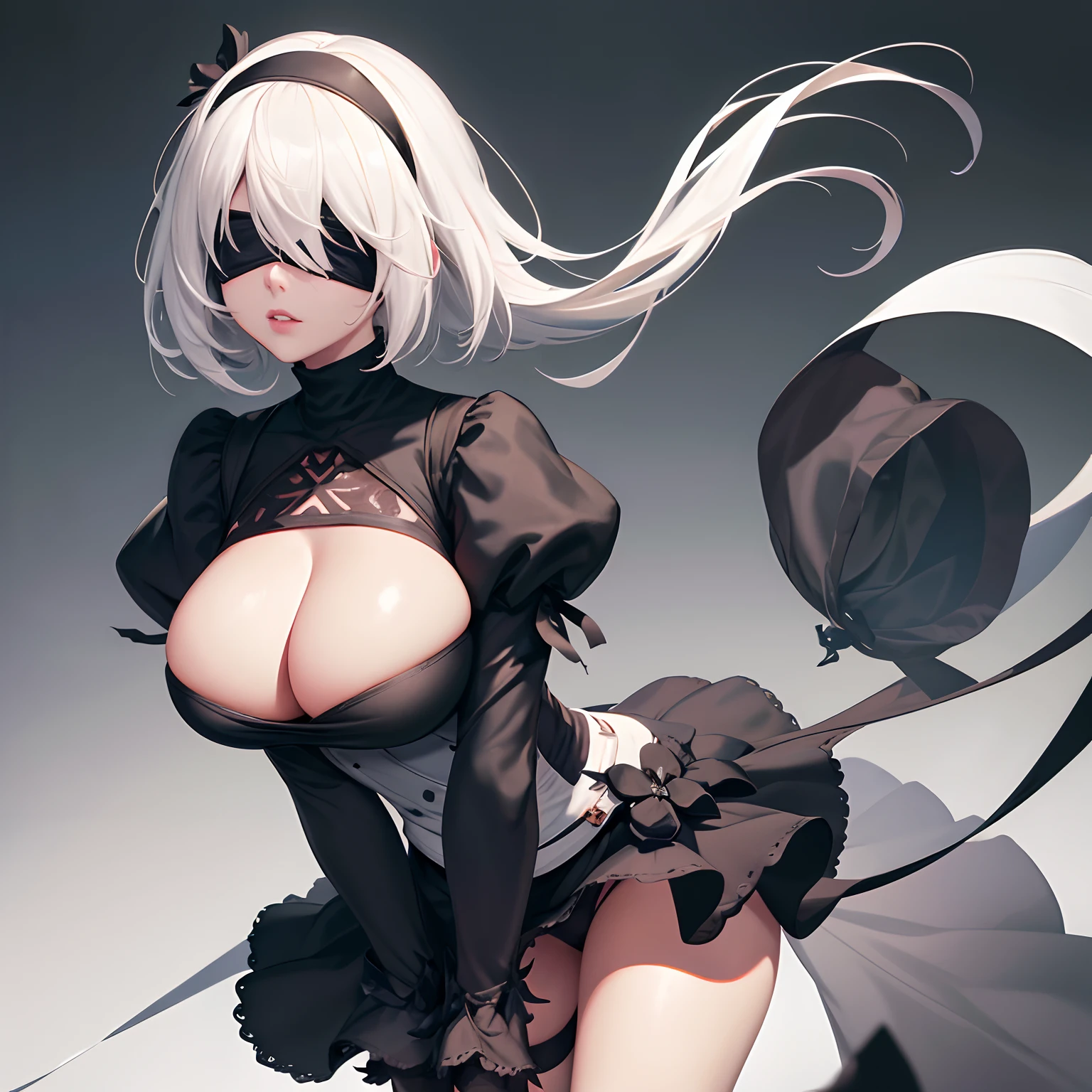 yorha no. 2 type b, 1girl, wlop,full body, (blindfold), breasts, cleavage, cleavage cutout, clothing cutout, green background, hair between eyes, hairband, highres, juliet sleeves, long sleeves, nier (series), nier automata,  puffy sleeves, red lips, shaded face, short hair, solo, turtleneck, upper body, white hair, sky