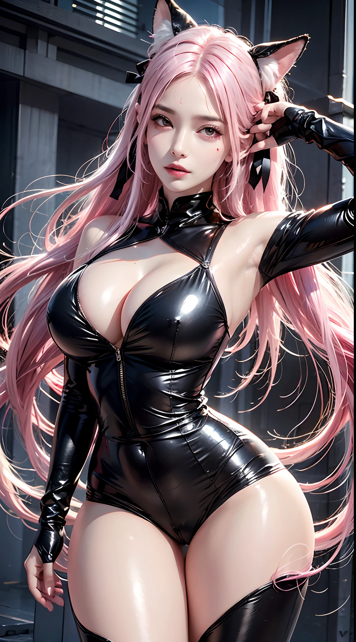 photorealistic,  high resolution,  soft light, 1women,  solo,  hips up,  dynamic pose,  shining skin,  jewelry,  tattoo,  facial mark,  fox ears,  huge breasts, ah4,  pink hair, hair ribbon,  thick thighs,  gantz black suit,  thick suit, latex,