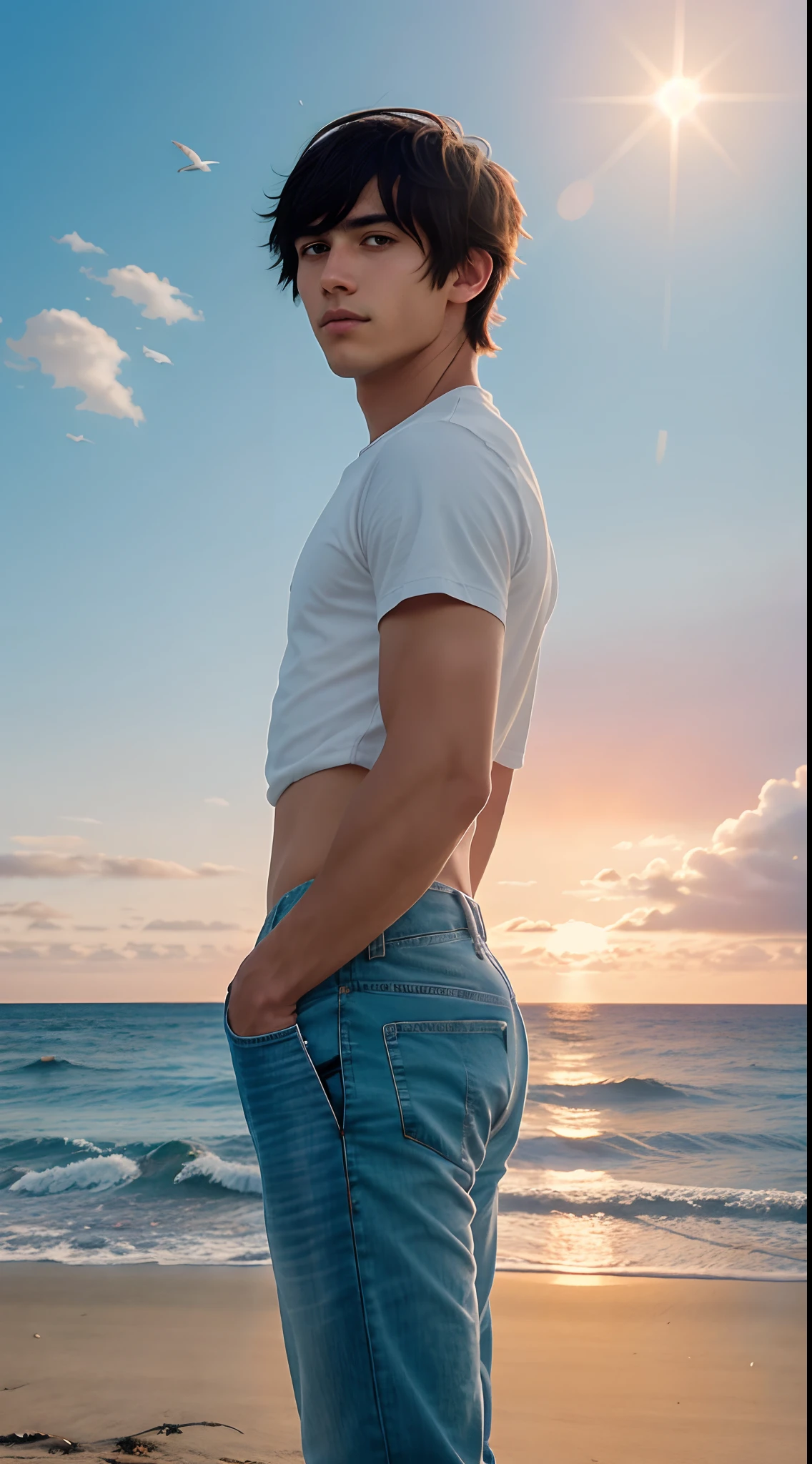 Painting of young man standing on the beach watching sunset. The backlight turns the young man into a black shadow. The young man is a high school student with long bangs. anime, Makoto Shinkai Cyril Roland, inspired by Cyril Roland, animated art wallpaper 4k, sky blue and peach gradient. Seagulls are flying. Beautiful delicate touch illustration.