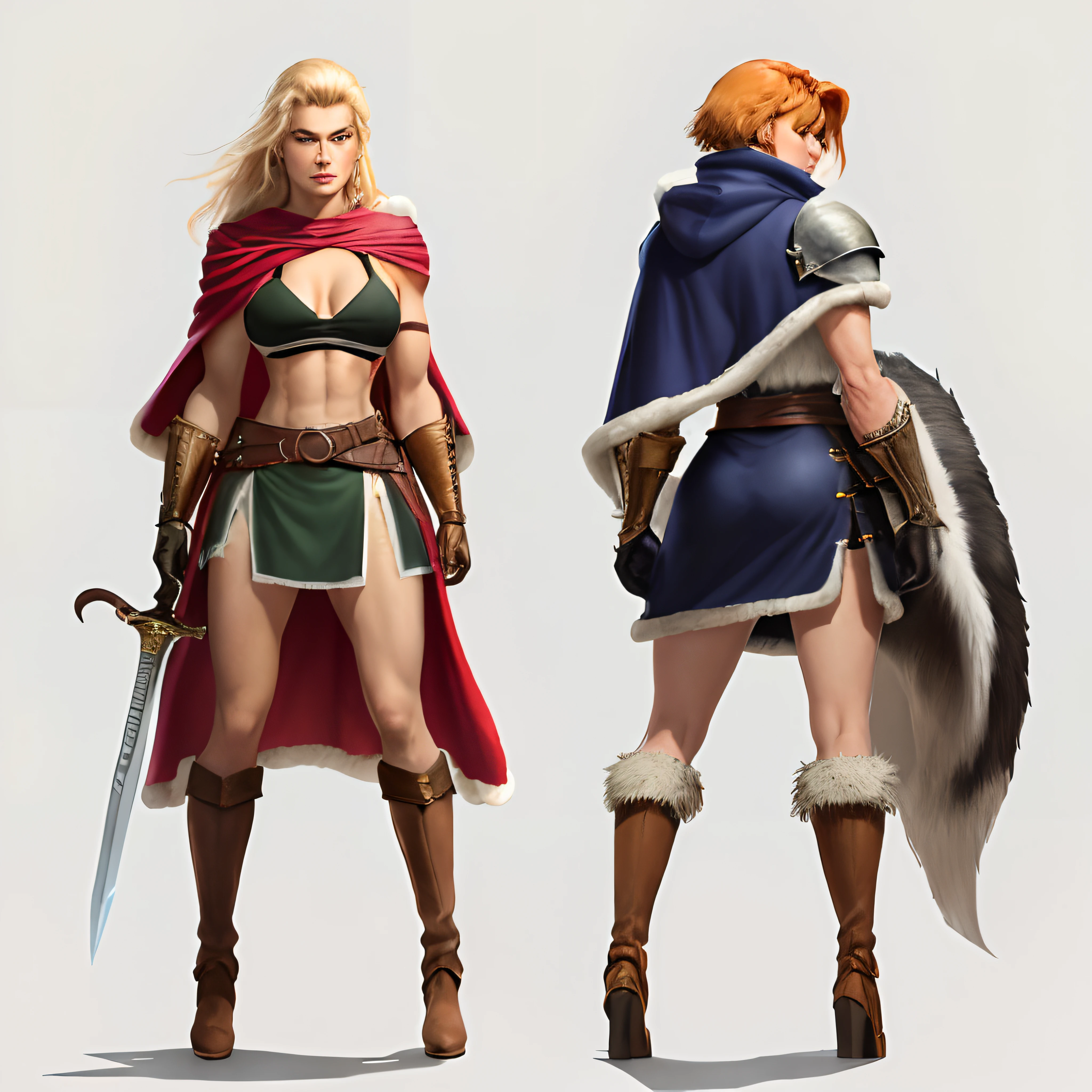 I don't know why but I've just had a crazy moment of absolute clarity. I know what Bara looks like.
Blonde hair wild and unkept, built like a true warrior, muscles must show and look developed, feminine form still prevalently noticeable, so abs arms legs and shoulders should show definition but not compromise her overall feminine appearance, she will be tall but not towering. Say 5'8" maybe 5"10 max. She should wear leather armor but crafted to fit the barbarian fantasy. I'd say gloves with fur ends going halfway up her forearm to act as protective layer and defense. Possible metal lining above the leather on the forearm before the fur. Like gauntlets and nord armor gloves mixed. Her top should be a leather bikini top pulled tight. The back of it coming up into the shoulders slightly should be fur as well like King Graysull Masterverse. Her bottom should as well be a leather bikini bottom. A belt above the bikini should curve back and become a drape like battle skirt. Only back not front. Possible fur line top of belt but I'm not sold on that yet. The belt should be where she keeps Hooks and such should line the belt so she can hang money sacks, parcels, sword sheath and whatever else I determine is needed. Her boots should be long. Come up as high as the middle of her leg above her knee. Also leather to maintain the brown tan color scheme that will flash well to bring out the fur and hair. Fur lining at top of boots as well. Not decision as to overall style of boots yet. Buckles, straight, ties, straps, or whatever. Also fighting about heels. Heels make no since but Xena, Red Sonja, and Teela all have them so maybe. She also wears a long cape that is the skin of an animal. It allows her a hood and there are clips that unfold the cape for use like a coat as it has sleeves with clipped right and closes up if needed. Animal hide is like that of a Husky (not appearance) so it holds heat but can also reflect heavy sun. She should have blue eyes that cut hard and a coupl