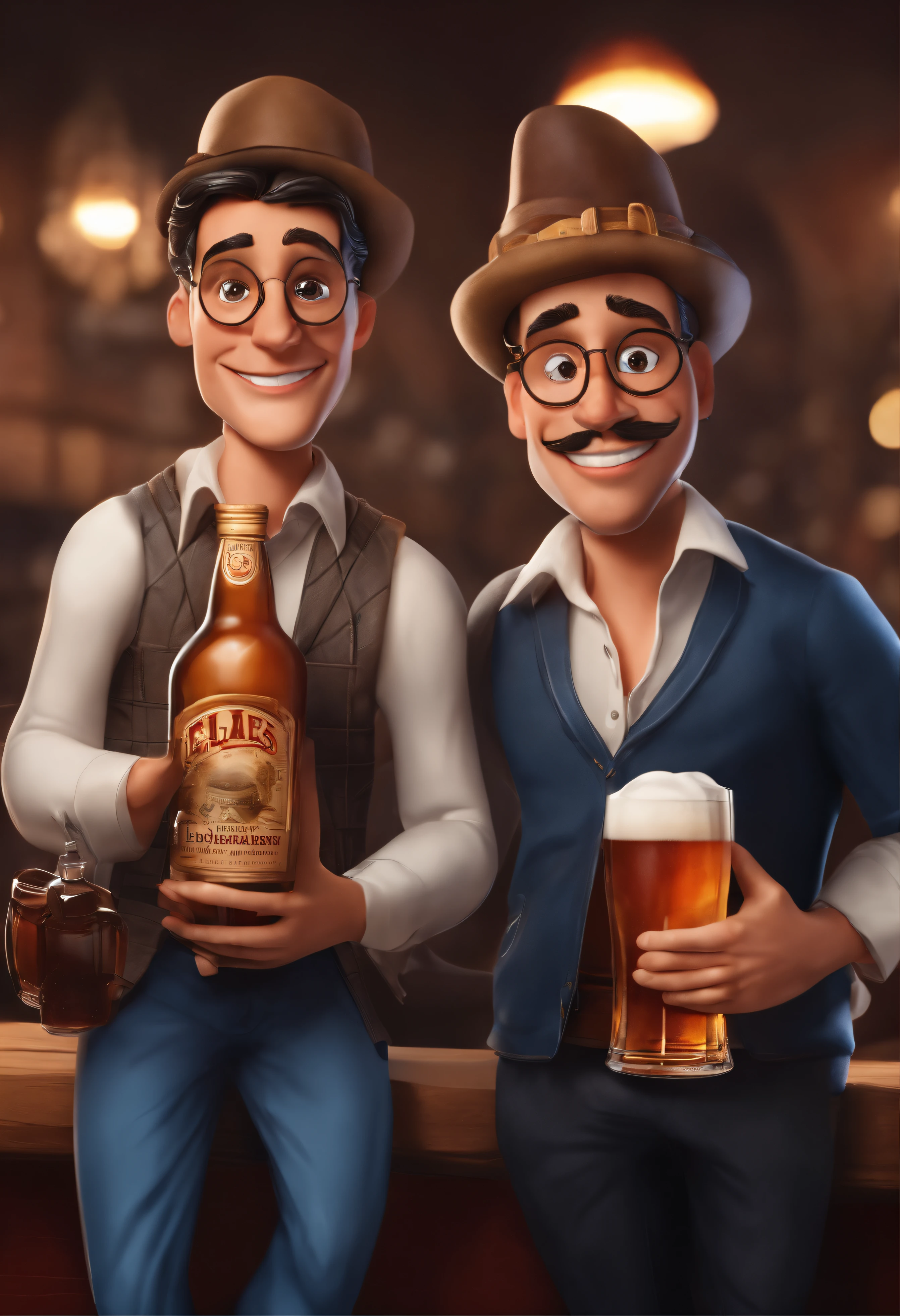 Dois amigos jovens visivelmente embriagados com o corpo totalmente completo , They hold an entire bottle of whiskey and a glass of draft beer each. The faces are contorted into comical expressions, with bulging eyes and tongue sticking out,, estilo de desenho e com um toque caricatural, manga, cartoon, style, 8k