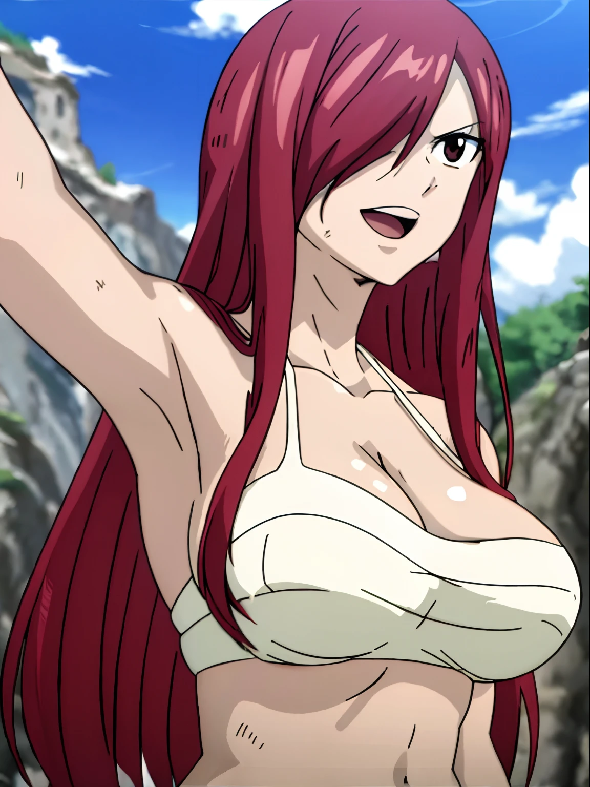 masterpiece, anime style, beach, best quality, highres, fairy tail, 1girl, long hair, reddish hair, (bang cover one eye, one hidden eye, brown eye), large breasts, collarbone, midriff, white bikini, standing, outdoors, smile, open mouth, emo hair, thick arms, broad shoulders, mature woman, (tall), wide shoulders, long belly, stretching, strong arms, ultra detailed arms, tortured