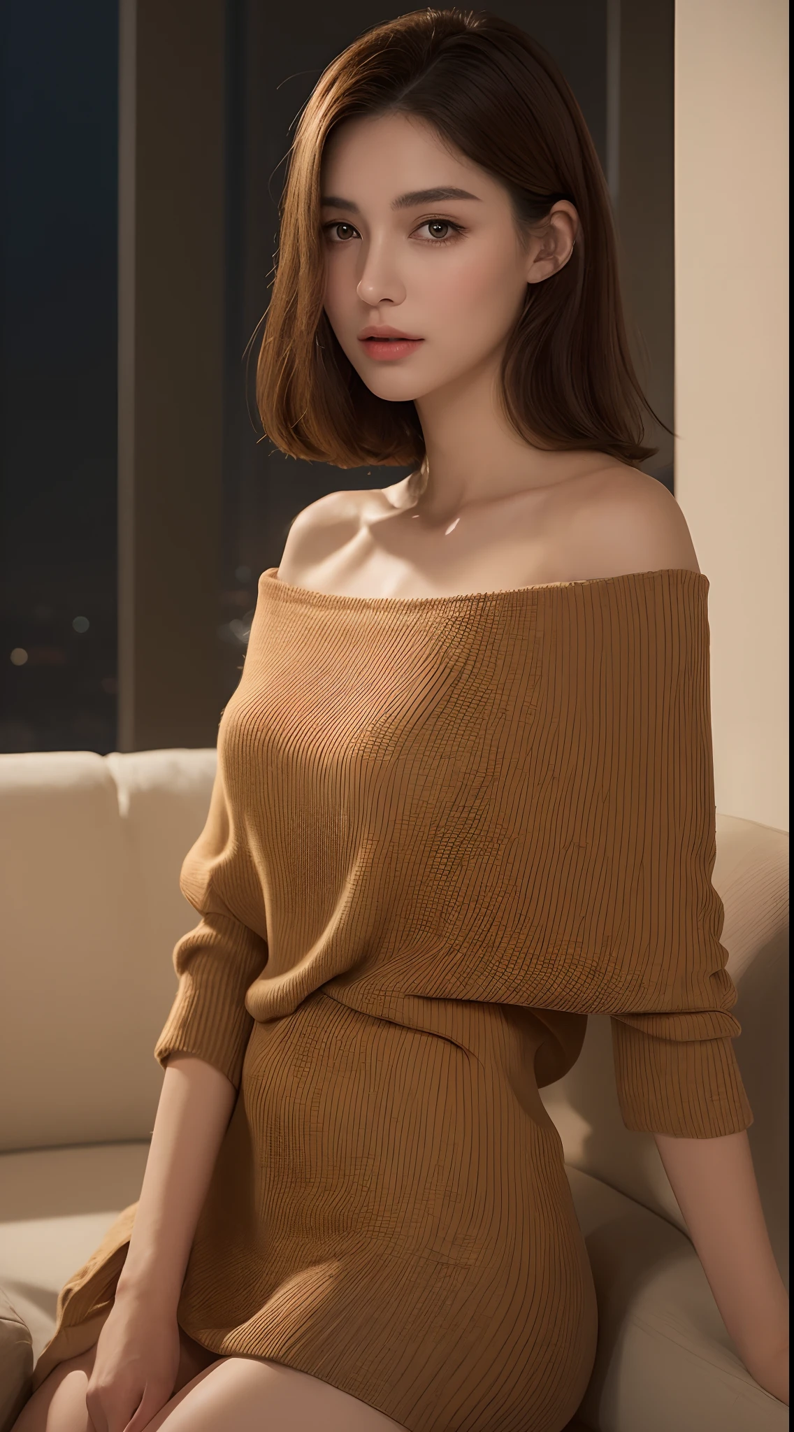 ((Night view, realistic light, best quality, 8k, masterpiece: 1.3)), 1girl, pretty woman with slim figure: 1.4, (brown hair, medium breasts: 1.3), off-the-shoulder cut top: 1.3, sofa, super detailed face, detailed eyes, double eyelids