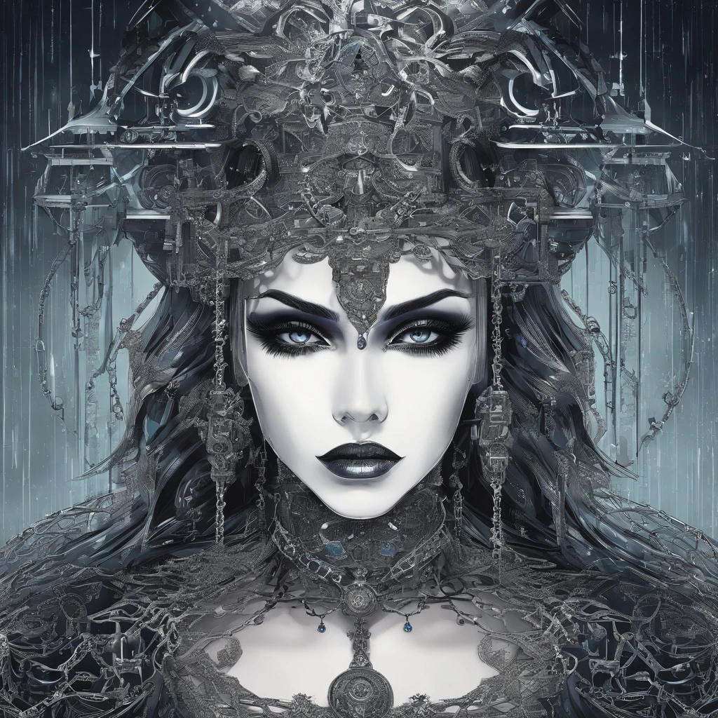 A woman dressed in clothing and chains is standing outside in the rain, in the style of robotic motifs, detailed facial features, dark silver and dark azure, exaggerated facial features, nanopunk, shiny/ glossy, mechanized precision