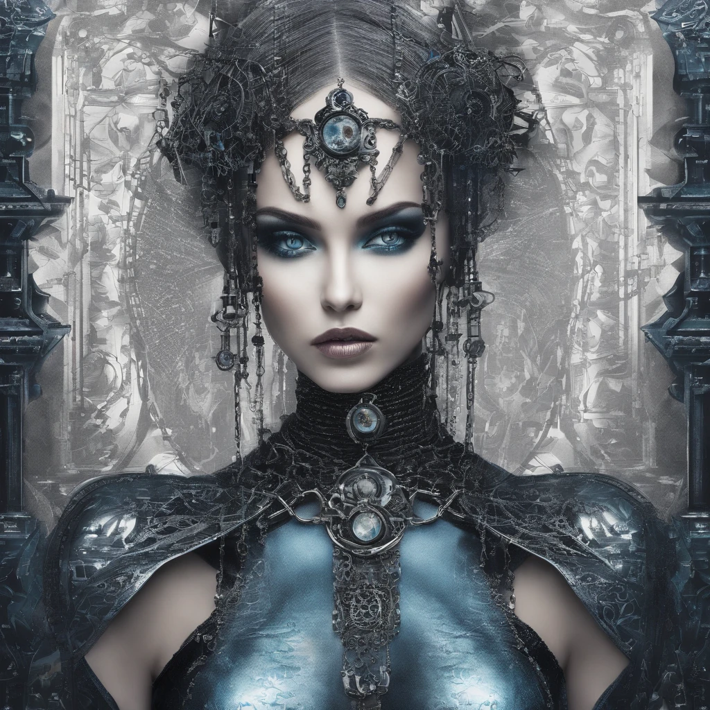 A woman dressed in clothing and chains is standing outside in the rain, in the style of robotic motifs, detailed facial features, dark silver and dark azure, exaggerated facial features, nanopunk, shiny/ glossy, mechanized precision