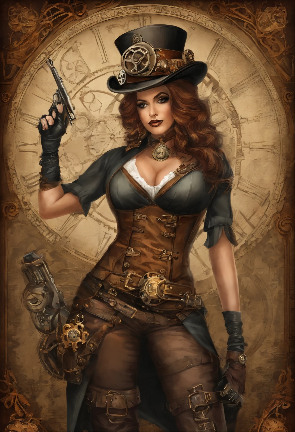 There's a woman wearing a Steam Punk hat and holding a gun.., Steampunk, usando trajes Steampunk, meninatora steampunk, (Steampunk), ( Steampunk ), estilo steampunk, Steam-punk, Steampunk Fiction, steampunk aesthetic, uma deusa Steampunk bonita, steampunk mulher anime bonita, Steampunk, fantasia Steampunk, estilo de fantasia steampunk, arte steampunk, arte digital steampunk, roupas Steampunk