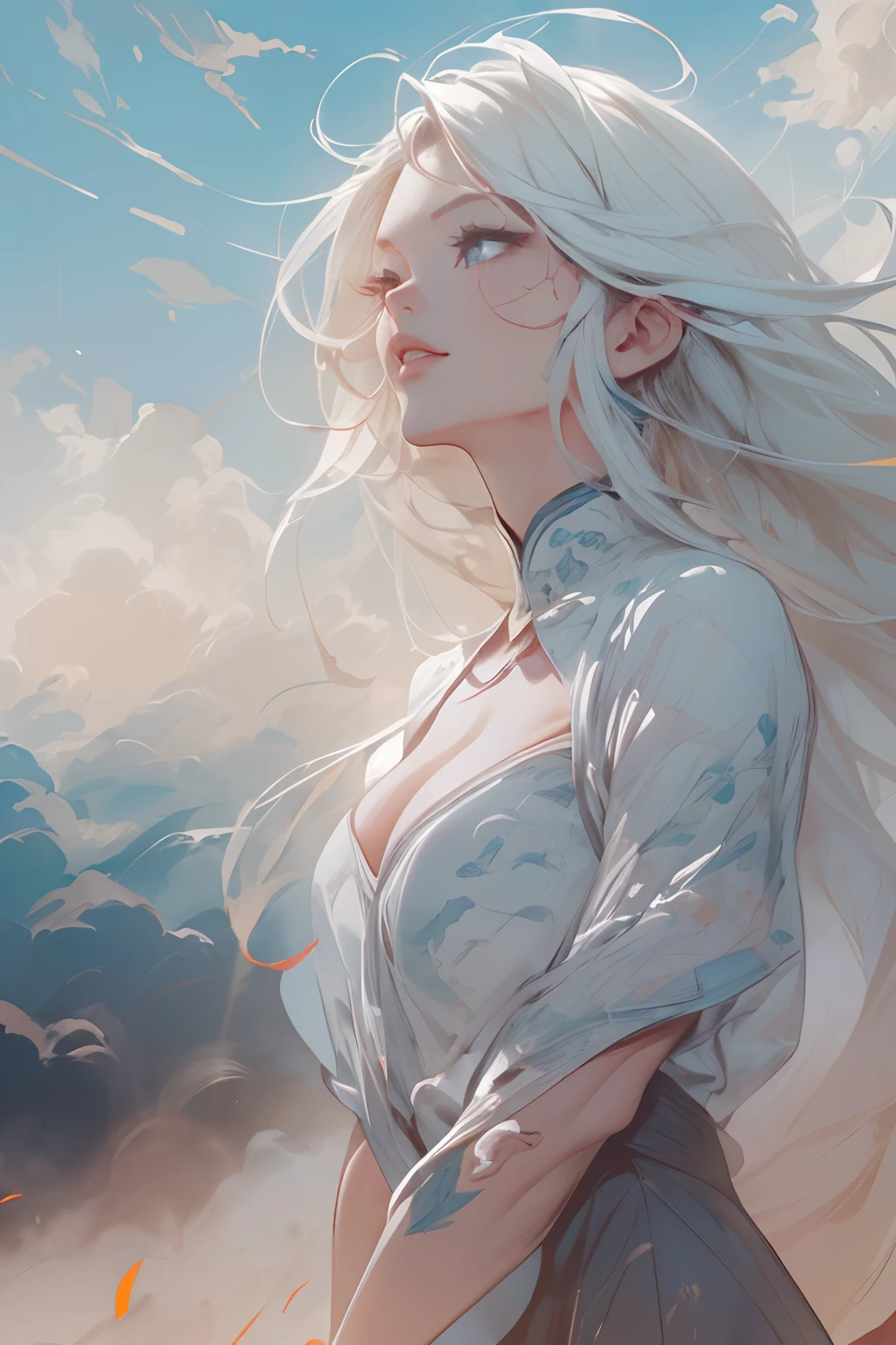 femele(30-years old) 、(de pele branca)、 (long white hair)、(doress:1.0)、a closeup、Back lighting、Happiness、Warm and soft lighting、blue-sky、(Photograph of a woman standing in the middle of a hill looking up at the sky:1.5)、(abnormally large breasts)、Bare shoulders, Double eyelids, (Blue eyes)、Parted lips,Solo,(cleavage)、delicate and sexy(鎖骨:1.3), (Shiny skin:0.8),(masutepiece:1.4),(Best Quality:1.4),glossy red lips、low angles, (from below angle), High detailed skin, Skin pores,(Vast clouds swirling in the sky:1.5)、(Full body painting)、(photo taken from afar:1.2)