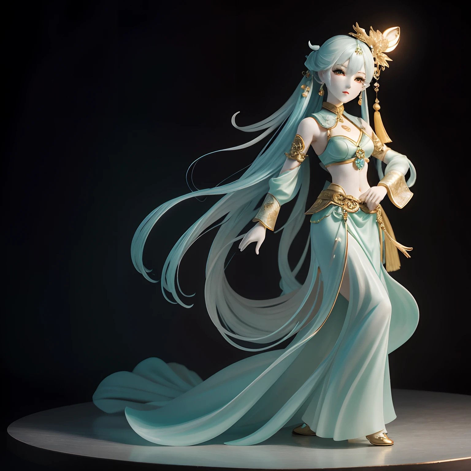 Chinese myths and tales，voyage，Jade carvings，The artwork，light，cleanness，glow effect，White Jade Woman Doll，White jade，full body Esbian，Soio, Female Doll，Clean face、A detailed face、爆乳、Big, Toned buttocks，clong legs、puff，Up-close，Sharp Focus，best qualtiy，8K分辨率，tmasterpiece，Works of masters，