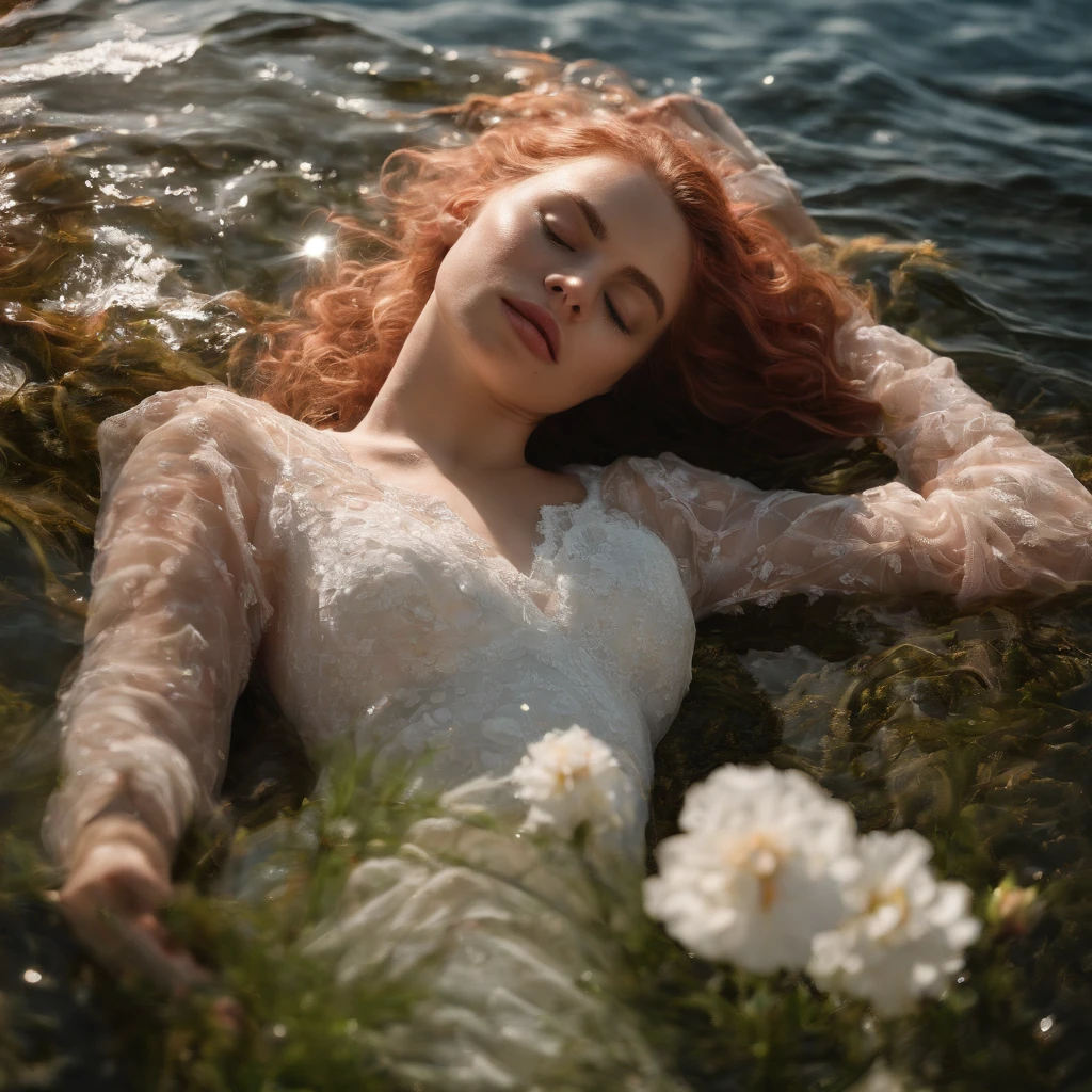 a girl laying on the water, pink long curly hair, pop mart style, relax posture, white lace dress, blue eyes, flowers, bubble, transparent water, extremly sunlight, dreamy, bird' s eye view, ultra detailed, 8K, real life, photorealistic, lecia lens