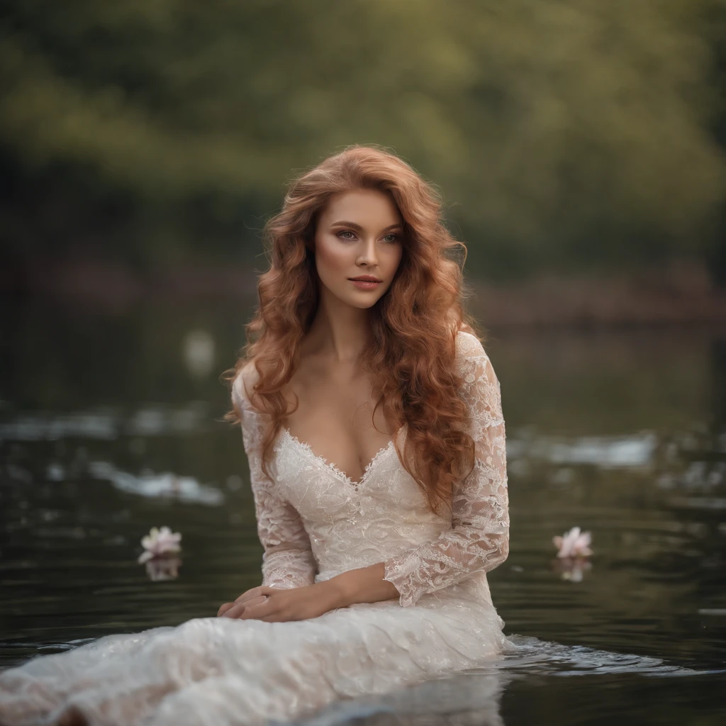 a girl laying on the water, pink long curly hair, pop mart style, relax posture, white lace dress, blue eyes, flowers, bubble, transparent water, extremly sunlight, dreamy, bird' s eye view, ultra detailed, 8K, real life, photorealistic, lecia lens