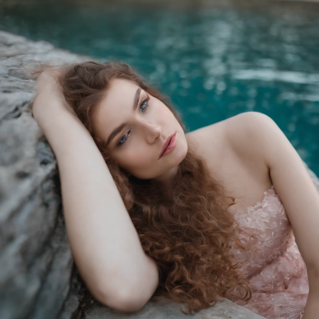 a girl laying on the water, pink long curly hair, pop mart style, relax posture, white lace dress, blue eyes, flowers, bubble, transparent water, extremly sunlight, dreamy, bird' s eye view, ultra detailed, 8K, real life, photorealistic, lecia lens