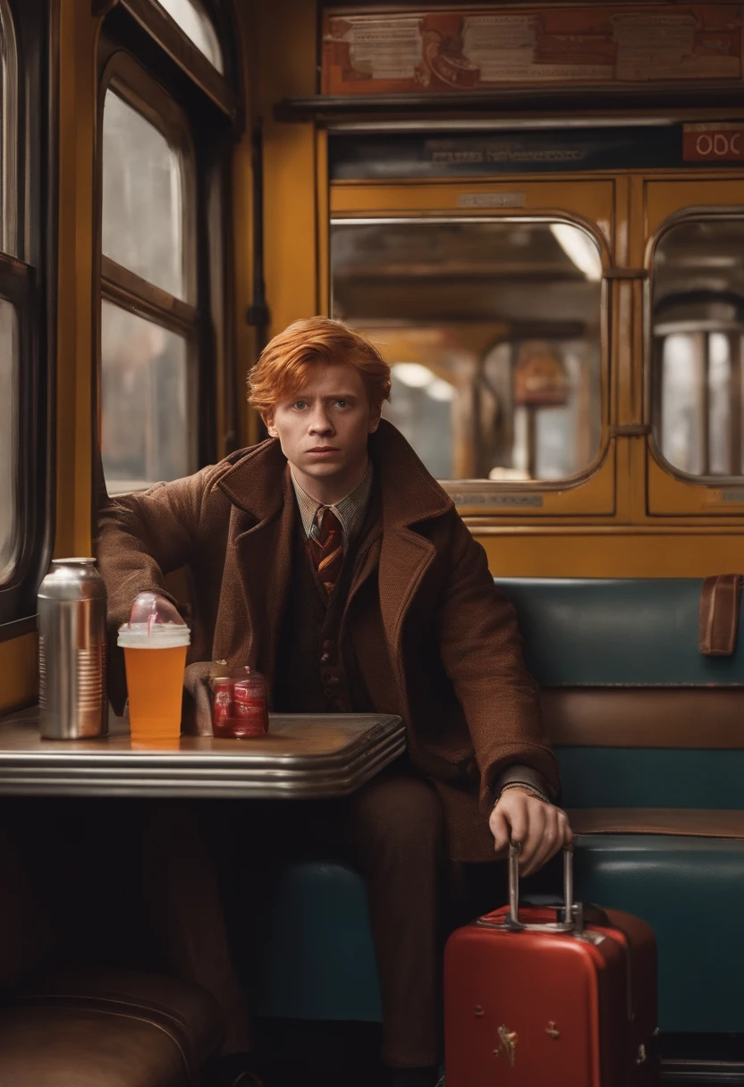 Ronald Weasley - Harry Potter character selling soda inside the train and getting out of balance with the amount of stuff he's carrying, expression of fear and shame at the same time