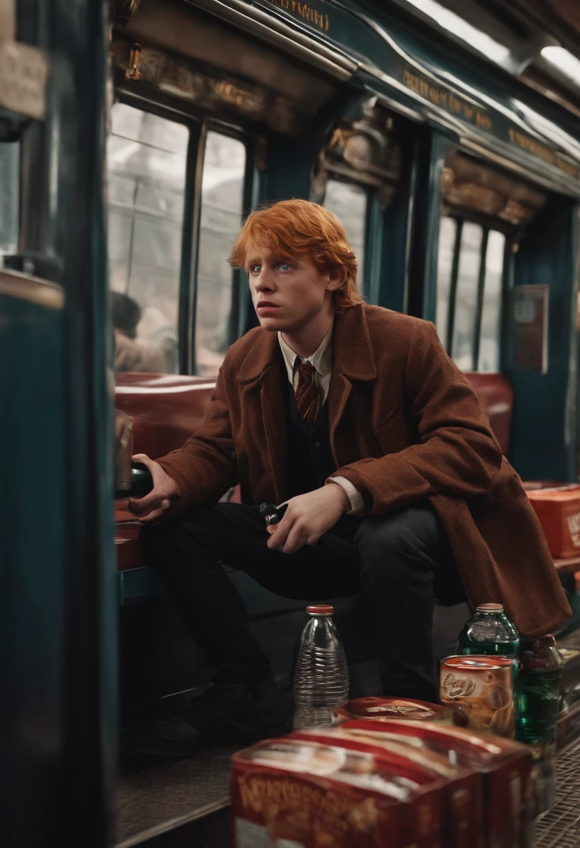 Ronald Weasley - Harry Potter character selling soda inside the train and getting out of balance with the amount of stuff he's carrying, expression of fear and shame at the same time