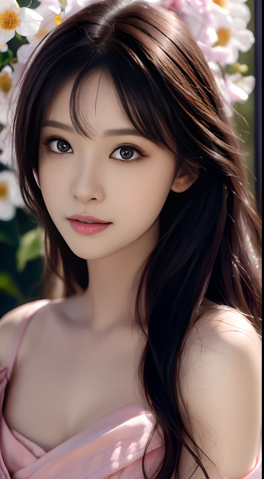 best qualtiy,tmasterpiece,A high resolution,1girll,Dingdall effect,realisticlying,edge lit,twotonelighting,(highdetailskin:1.2),8K UHD,Pure,Sweet,Flower background,Colorful background,Based on physical rendering,Perfect light and shadow,extreme hight detail,Pink tones,Eye reflections,Raised sexy,perfect bodies,Superb beauty,largeeyes,long eyelasher,Delicate eyes,large shiny eyes,Minor pupillary reflexes,Shoulder and neck details,The pupil texture is delicate,Perfect eyes,Black pupils,best qualtiy,tmasterpiece,16k,A picture,head portrait,Bigchest,longer sleeves,Take care of your chest,Large breasts,Delicate avatar
