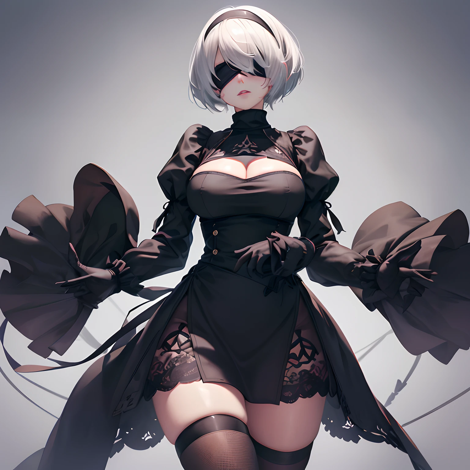 yorha no. 2 type b, 1girl, wlop,full body, (blindfold), breasts, cleavage, cleavage cutout, clothing cutout, green background, hair between eyes, hairband, highres, juliet sleeves, long sleeves, nier (series), nier automata, puffy sleeves, red lips, shaded face, short hair, solo, turtleneck, upper body, white hair, sky