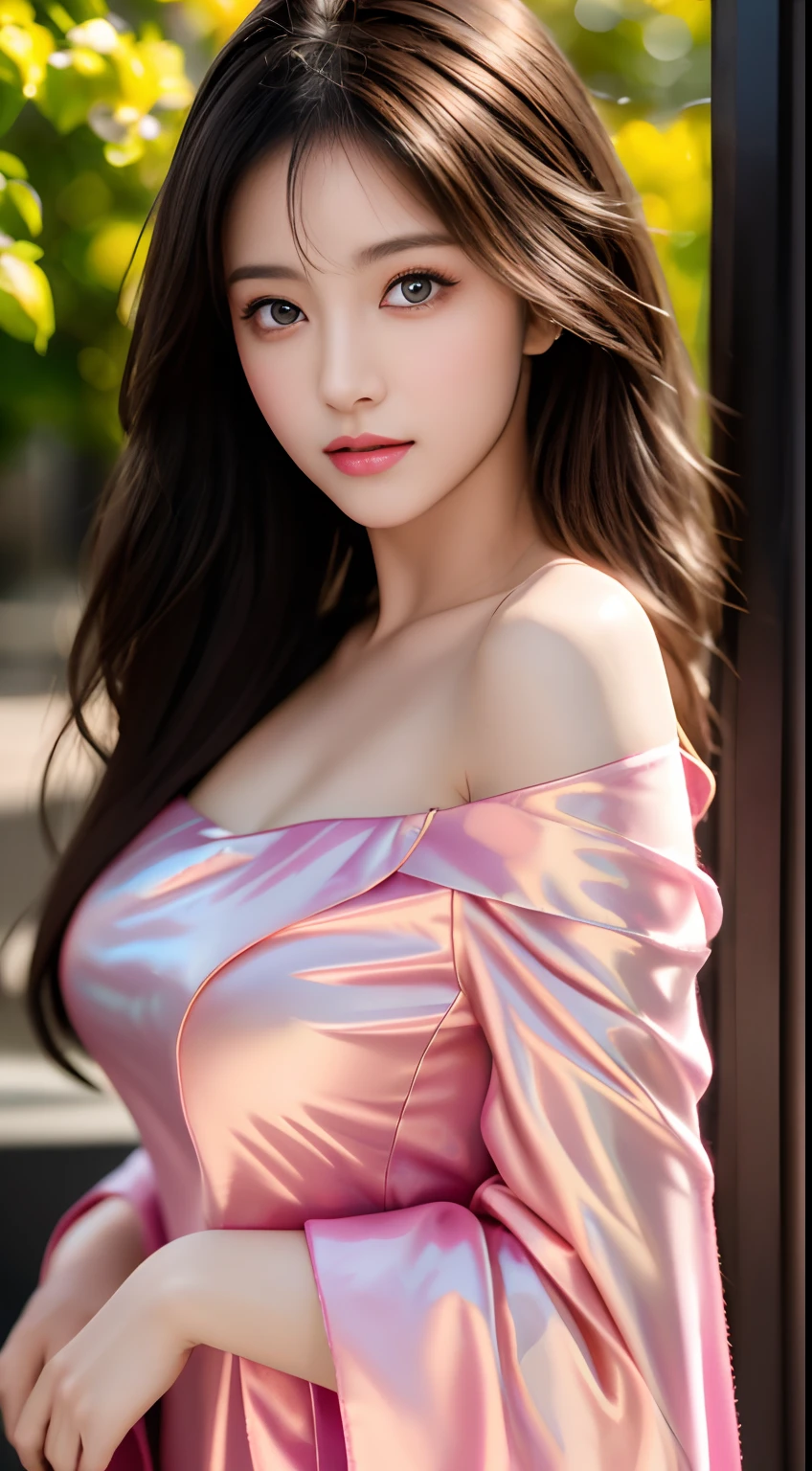 best qualtiy，tmasterpiece，A high resolution，1girll，Dingdall effect，realisticlying，edge lit，twotonelighting，（highdetailskin：1.2），8K  UHD，Pure，Sweet，Flower background，Colorful background，Based on physical rendering，Perfect light and shadow，extreme hight detail，Pink tones，Eye reflections，Raised sexy，perfect bodies，Superb beauty，largeeyes，long eyelasher，Delicate eyes，large shiny eyes，Minor pupillary reflexes，Shoulder and neck details，The pupil texture is delicate，Perfect eyes，Black pupils，best qualtiy，tmasterpiece，16k，A picture，head portrait，Bigchest，longer sleeves，Take care of your chest，Large breasts，Delicate avatar