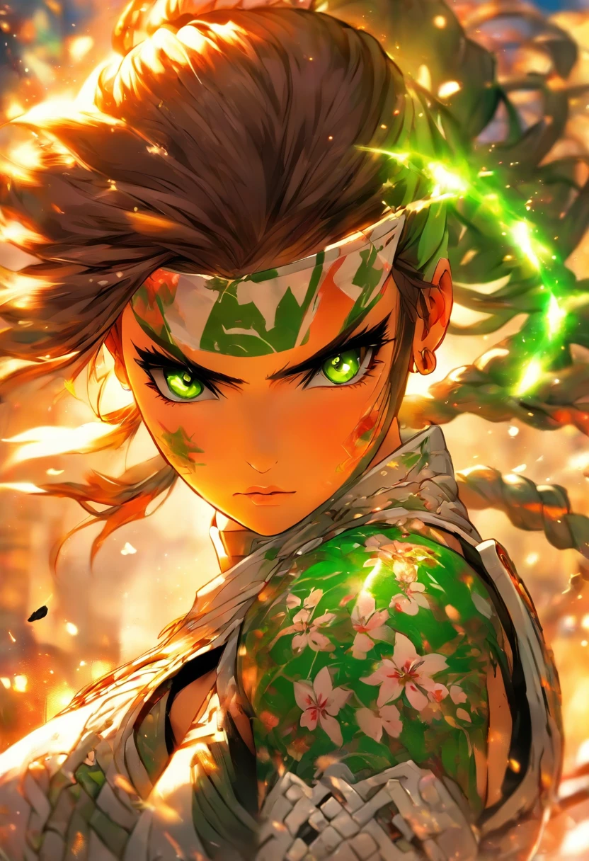 The most beautiful and sexy ninja warrior princess, brown hair, green eyes, wearing highly detailed white battle armor, tons of tattoos and piercings, blood splattered, cherry blossoms blowing in the wind, highly detailed background, perfect masterpiece, high quality, high resolution