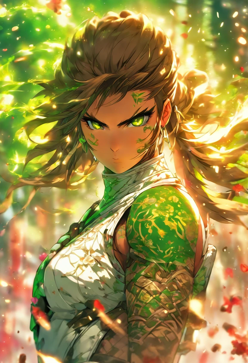 The most beautiful and sexy ninja warrior princess, brown hair, green eyes, wearing highly detailed white battle armor, tons of tattoos and piercings, blood splattered, cherry blossoms blowing in the wind, highly detailed background, perfect masterpiece, high quality, high resolution